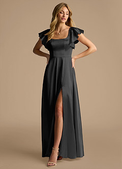 Azazie Bondi Vestidos de damas de honor Vestido de Negro de Satén Metálico de Corte en A con Lazo image4