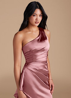 Azazie Latrice Bridesmaid Dresses Vintage Mauve Sheath One Shoulder Metallic Satin Dress image3