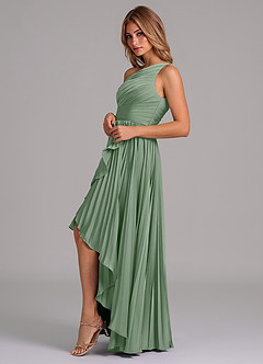 Azazie Lyrica 신부 들러리 드레스 A라인 한쪽 어깨 스트레치 새틴 비대칭 드레스 image5