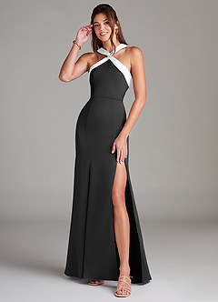 Azazie Rue Bridesmaid Dresses Ivory Black A-Line Pleated Stretch Satin Dress image1