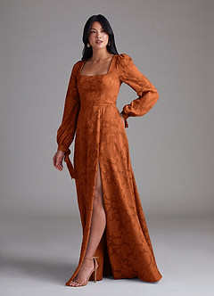 Azazie Leonia Bridesmaid Dresses Burnt Orange A-Line Long Sleeve Floral Burnout Dress image2