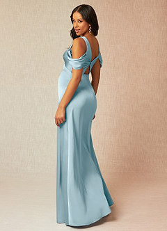 Azazie Rhea Robes de demoiselle d'honneur de maternité Robe Trapèze Épaule nue plissée Longueur ras du sol Satin extensible image5