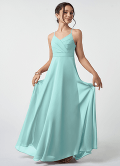 Azazie Avelina Junior Aqua A-Line Pleated Chiffon Dress image2