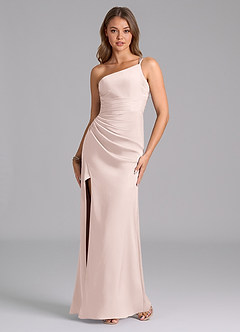 Azazie Eren Vestidos de damas de honor Vestido de Rosa Rubor de Satén Elástico de Corte Sirena con Hombro unilateral image5