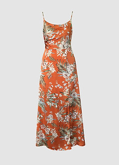 Remarkable Beauty Orange Floral Satin Midi Dress image6