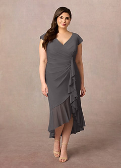 Azazie Renetta Mother of the Bride Dresses Steel Grey Sheath V-Neck Pleated Mesh Dress image8