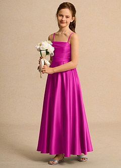 Azazie Pebbles Girl Flower Girl Dresses Fuchsia A-Line Pleated Matte Satin Dress image6