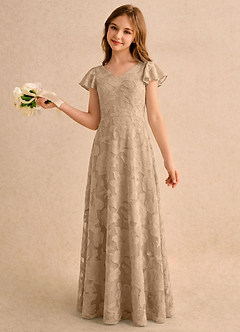Azazie Narin Girls Formal Flower Girl Dresses Champagne A-Line with Sleeves Floral Burnout Dress image1
