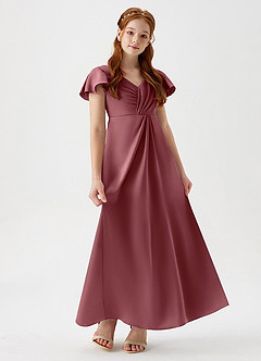 Azazie Soren Junior Abito A-Line in Raso Elasticizzato Increspato Rosa Del Deserto image1