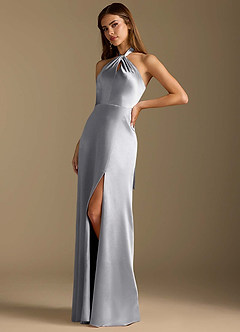 Azazie Tracie Brautjungfernkleider A-Linie Plissee Metallischer Satin Kleid Silber image4