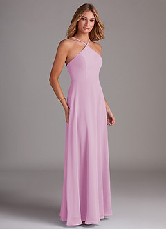 Azazie Bailey Vestidos de damas de honor Vestido de Rosa Caramelo de Gasa de Corte en A con Halter Abertura lateral image6