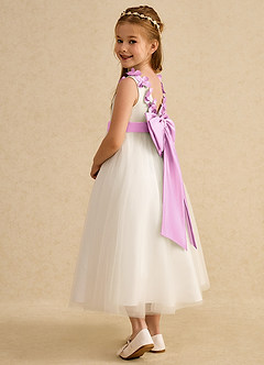 Azazie Lilli Flower Girl Dresses Ivory Candy Pink A-Line Bow Tulle Dress image4