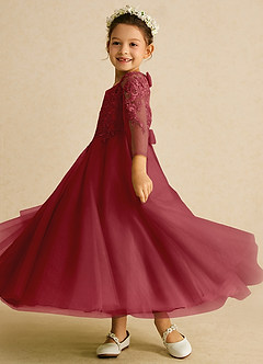 Azazie Precious Flower Girl Dresses Pomegranate A-Line Lace Tulle Dress image5