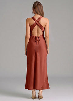 Azazie Evadne Vestidos de damas de honor Vestido de Terracota de Satén Elástico de Corte Recto con Plisado image5