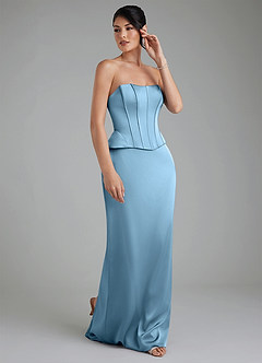Azazie River At-home Try On Dresses Steel Blue Sheath Corset Stretch Satin Convertible Dress image5