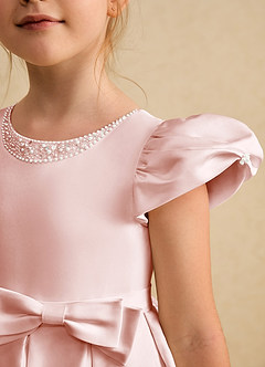 Azazie Pearl Flower Girl Dresses Blushing Pink Ball-Gown Pleated Matte Satin Dress image6