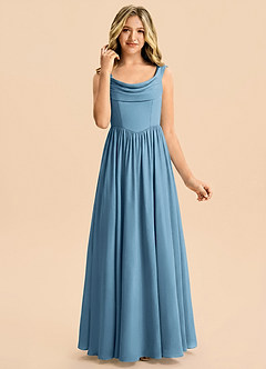 Azazie Cali Junior Steel Blue A-Line Pleated Stretch Satin Dress image3