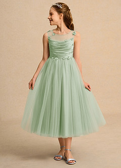 Azazie Snowball Girl Jurken voor bloemenmeisjes Baljurk Jurk van Tule Geplooid Stoffige Salie image3