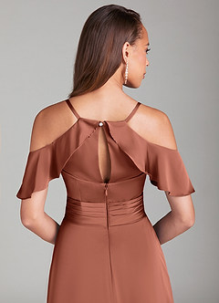 Azazie Dakota Robes de demoiselle d'honneur Robe Trapèze en Satin extensible Épaule décolletée Argile image6