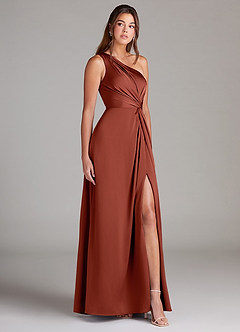 Azazie Brooke Bridesmaid Dresses Terracotta A-Line One Shoulder Stretch Satin Dress image4