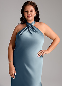 Azazie Lorena Abiti da Damigella Abito Sirena in Raso Elasticizzato Plissettato Blu Polveroso image12