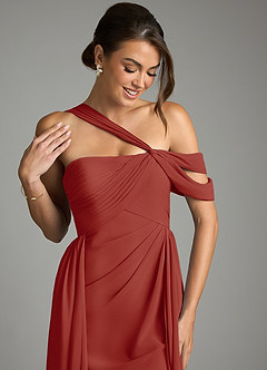 Azazie Kassandra Bridesmaid Dresses Terracotta A-Line Off the Shoulder Chiffon Dress image2