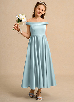 Azazie Teeny Girls Formal Sukienki dla dziewczynek sypiących kwiaty Linia A Pofałdowany Matowy satynowy Długość kostki Sukienka image5