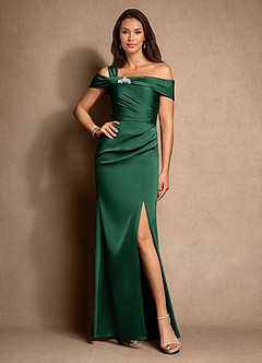 Azazie Altonia Mother of the Bride Dresses Dark Green Mermaid Off the Shoulder Stretch Satin Dress image1