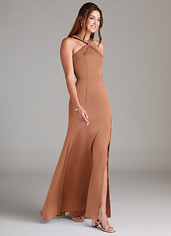 Azazie Rue Vestidos de madrinha de casamento Vestir Bronzeador de Cetim elástico de Linha A com Plissado image4