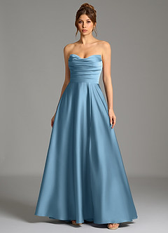 Azazie Ayla Abiti da Damigella Abito A-Line in Raso Elasticizzato Corsetto Blu Acciaio image3