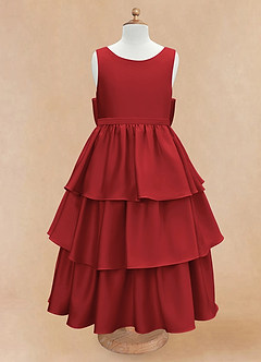 Azazie Margie Flower Girl Dresses Pomegranate A-Line Bow Stretch Satin Dress image4