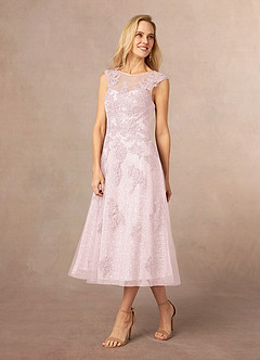 Azazie Flynn Mother of the Bride Dresses Blushing Pink A-Line Boatneck Lace Tulle Dress image2
