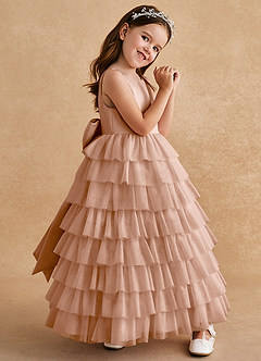 Azazie Twinkle Toes Flower Girl Dresses Champagne Rose A-Line Bow Tulle Dress image3