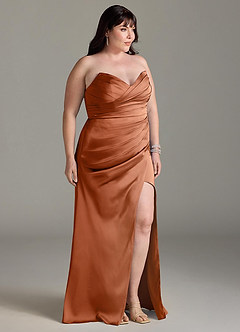 Azazie Yola Bridesmaid Dresses Copper Sheath V-Neck Pleated Stretch Satin Convertible Dress image12