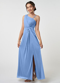 Azazie Brooke Junior Steel Blue A-Line Pleated Mesh Dress image3
