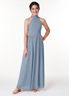 Azazie Iman Junior Dusty Blue A-Line Pleated Chiffon Dress image4