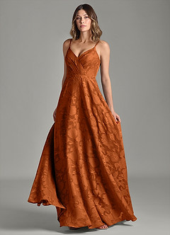 Azazie Amani Abiti da Damigella Abito A-Line in Burnout Floreale Plissettato Arancia Bruciata image4