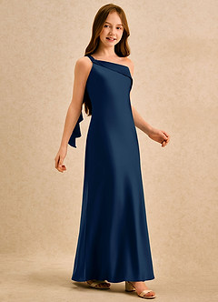 Azazie Almond Girls Formal Blumenmädchenkleider Etui One-Shoulder Stretch-Satin Kleid Dunkelmarine image5
