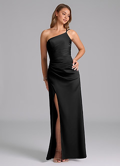 Azazie Eren Vestidos de damas de honor Vestido de Negro de Satén Elástico de Corte Sirena con Hombro unilateral image7