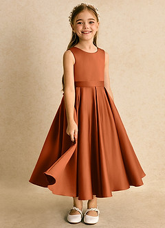 Azazie Junebuj vestidos de niña de las flores Vestido de Naranja Quemada de Satin Mate de Princesa con Plisado image2