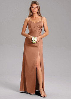Azazie Azuree Bridesmaid Dresses Bronzer A-Line Pleated Stretch Satin Dress image3
