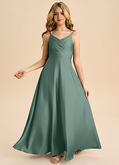 Azazie Bug Junior Robe Trapèze en Satin extensible Plissée Eucalyptus image2