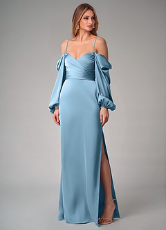 Azazie Sonata Bridesmaid Dresses Steel Blue Sheath Long Sleeve Stretch Satin Convertible Dress image7