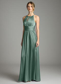 Azazie Bonnie Bridesmaid Dresses Eucalyptus A-Line Pleated Stretch Satin Dress image1