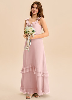 Azazie Tavie Junior Powder Pink A-Line Ruched Chiffon Dress image4