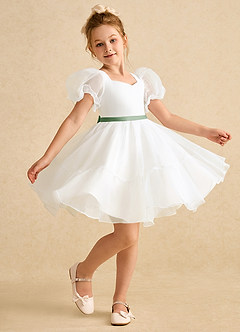 Azazie Debbie Flower Girl Dresses Ivory Matcha Ball-Gown Sweetheart Neckline Organza Dress image3