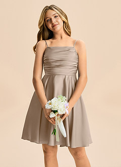 Azazie Miko Junior Taupe A-Line Pleated Stretch Satin Dress image6