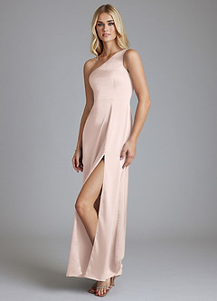 Azazie Phaedra Bridesmaid Dresses Blushing Pink A-Line One Shoulder Stretch Satin Dress image3