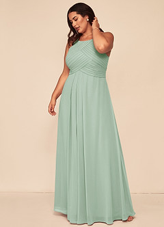 Azazie Ginger Bridesmaid Dresses Agave A-Line Halter Pleated Chiffon Dress image12