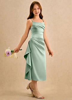 Azazie Canna Girls Formal Blomsterpigekjoler A-Line Plisseret Stræk satin Te-længde Kjole image3